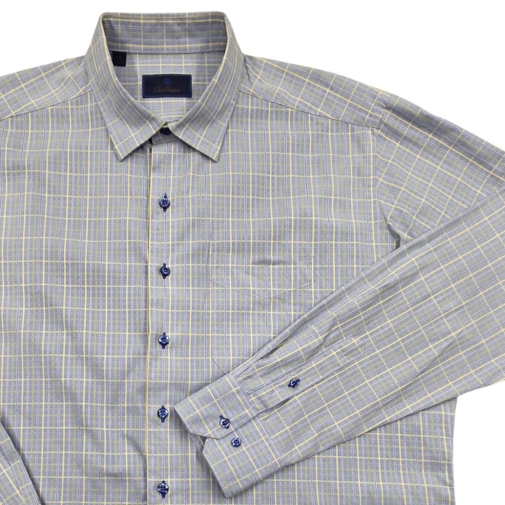David Donahue Mens XXL Blue Yellow Plaid Cotton Long Sleeve Button Down Shirt